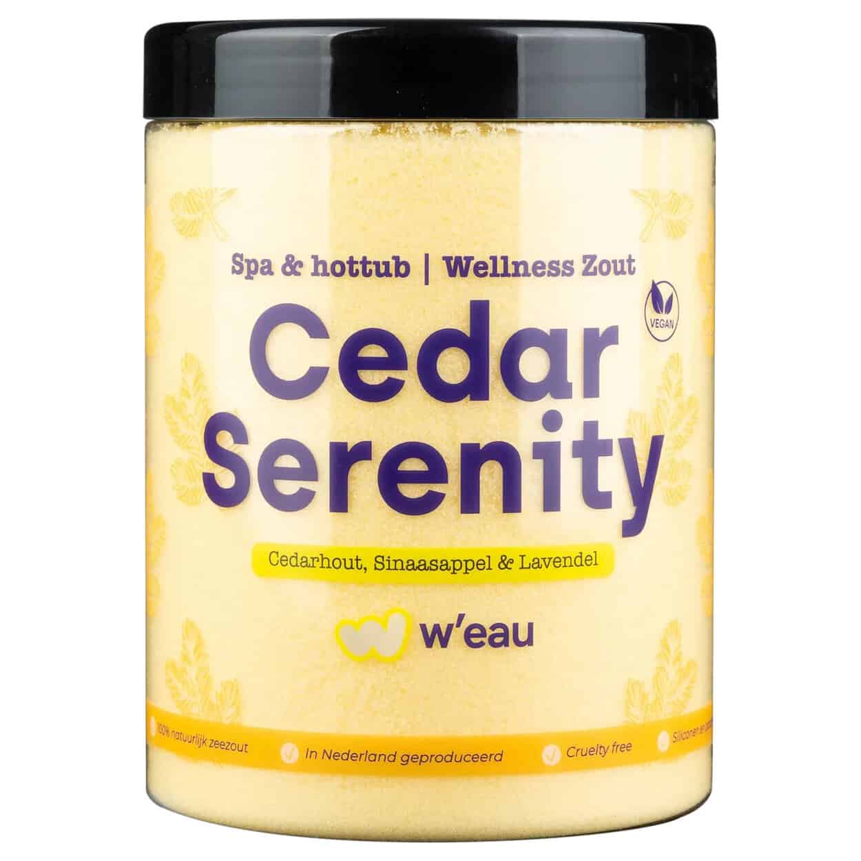 Sel de bain Cedar Serenity pour spa et wellness, 1250g, au parfum d'orange et de lavande.