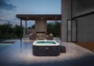 Jacuzzi extérieur de luxe sur une terrasse moderne avec vue sur le jardin, parfait pour la détente et le plaisir.