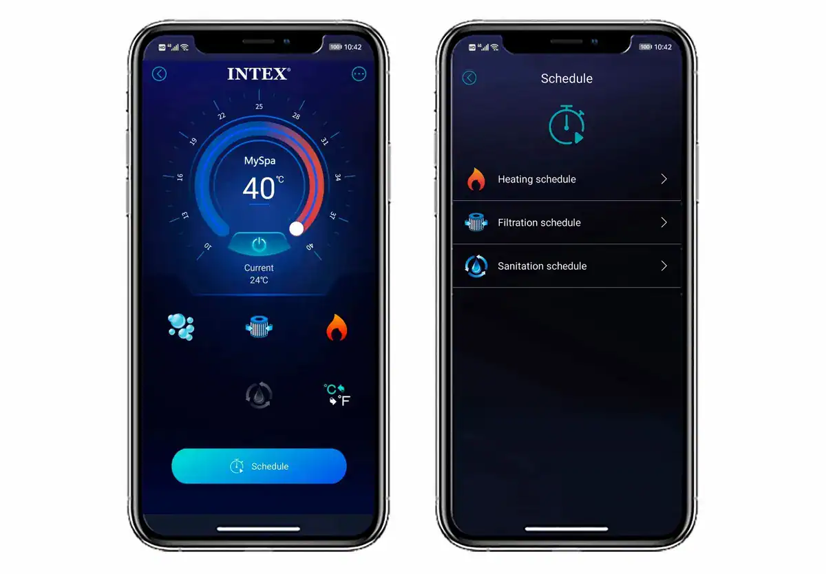 Smartphone avec application pour régler la température de la piscine et les filtres.