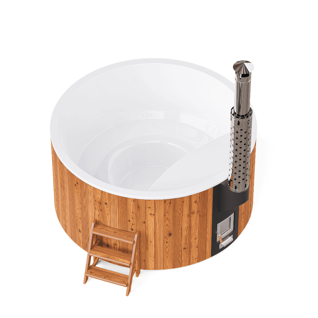 Hot tub PolarSpa Elite 220 avec chauffage intégré et extérieur en bois.