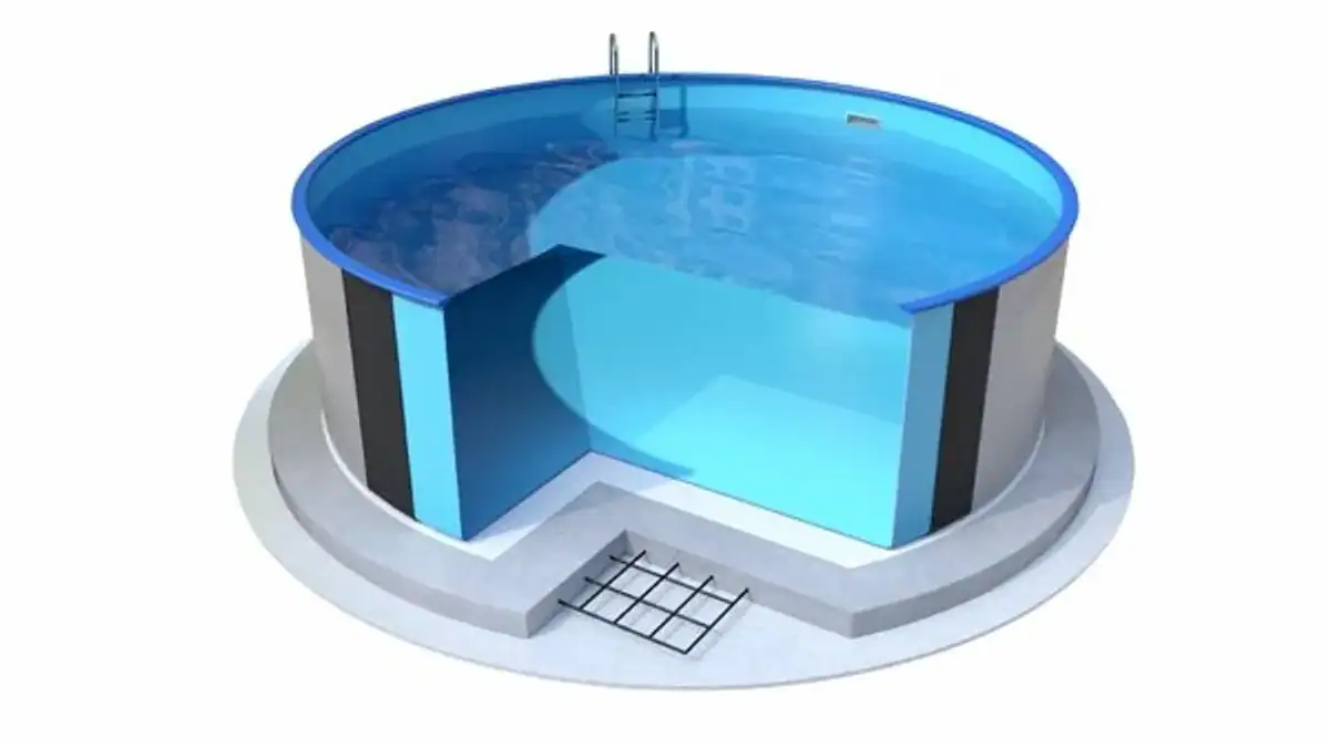 Paroi acier de piscine avec évidements et profilés, Ø320x120 cm.