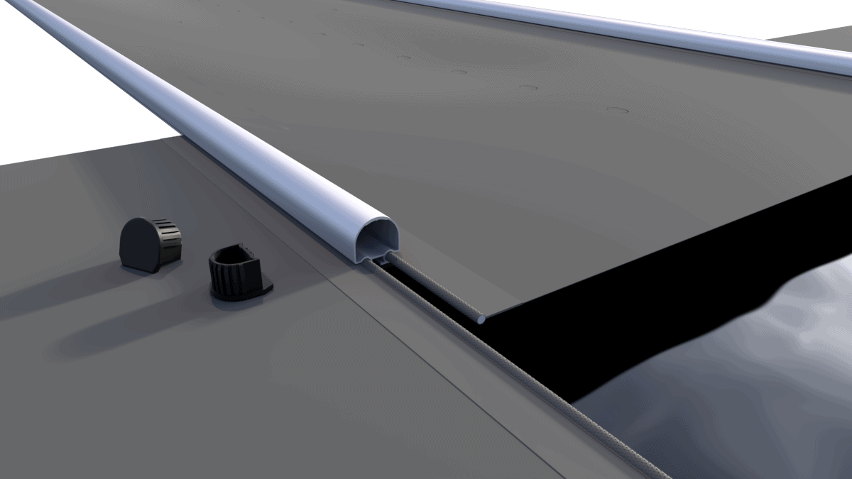 Couverture de sécurité pour piscine en gris foncé, forme segment, facile à installer.