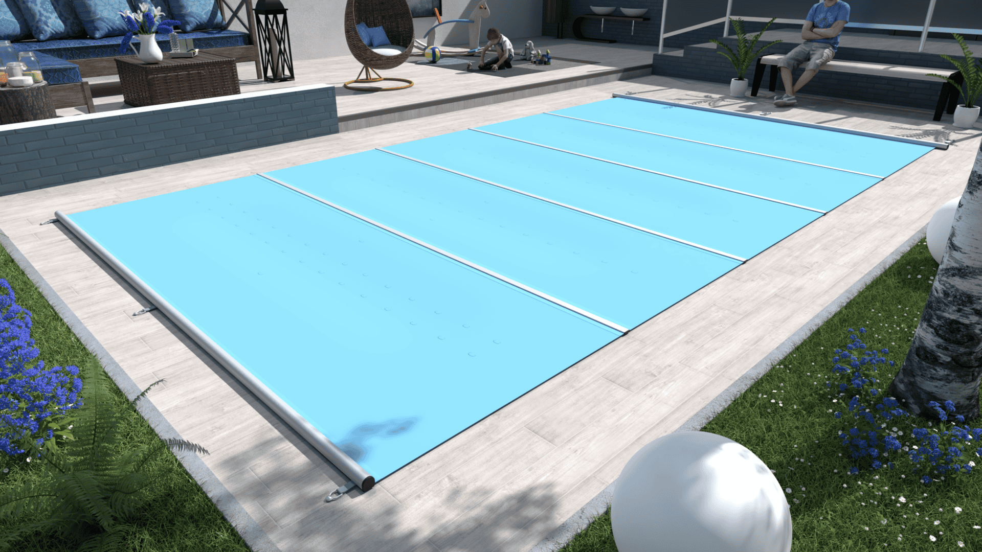 Couverture de sécurité bleue pour piscine, facile à manipuler et sûre.