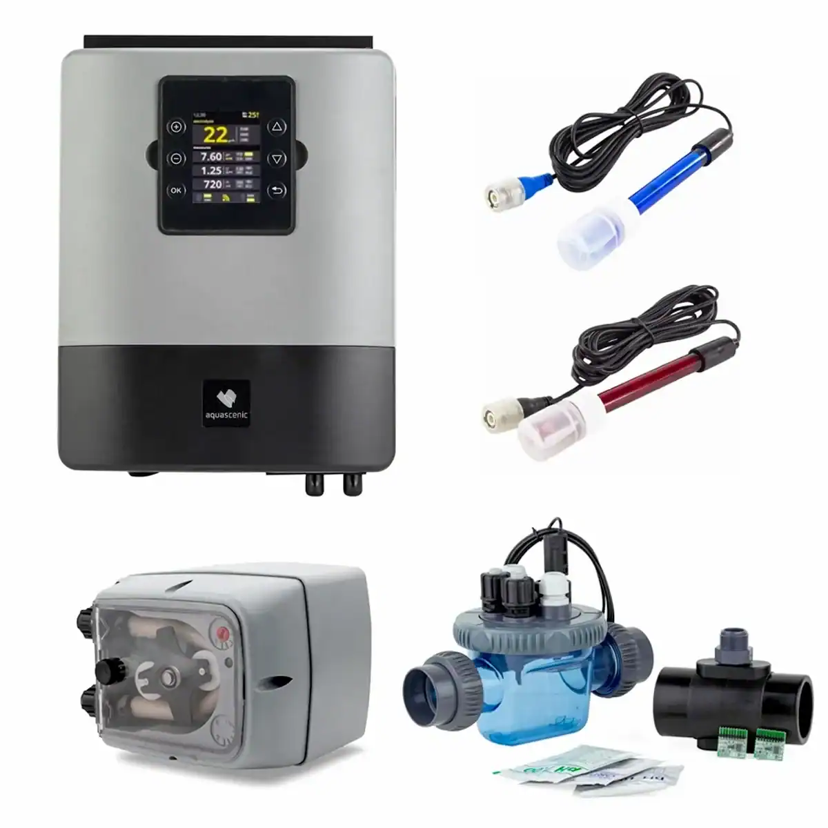 Kit d'hydrolyse pour l'eau de piscine, adapté aux piscines jusqu'à 65 m3, y compris panneau de contrôle et acce.