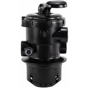 Vanne 6 voies Mega+ noire avec couvercle à collier pour filtre à sable MFV, raccordement topmount.