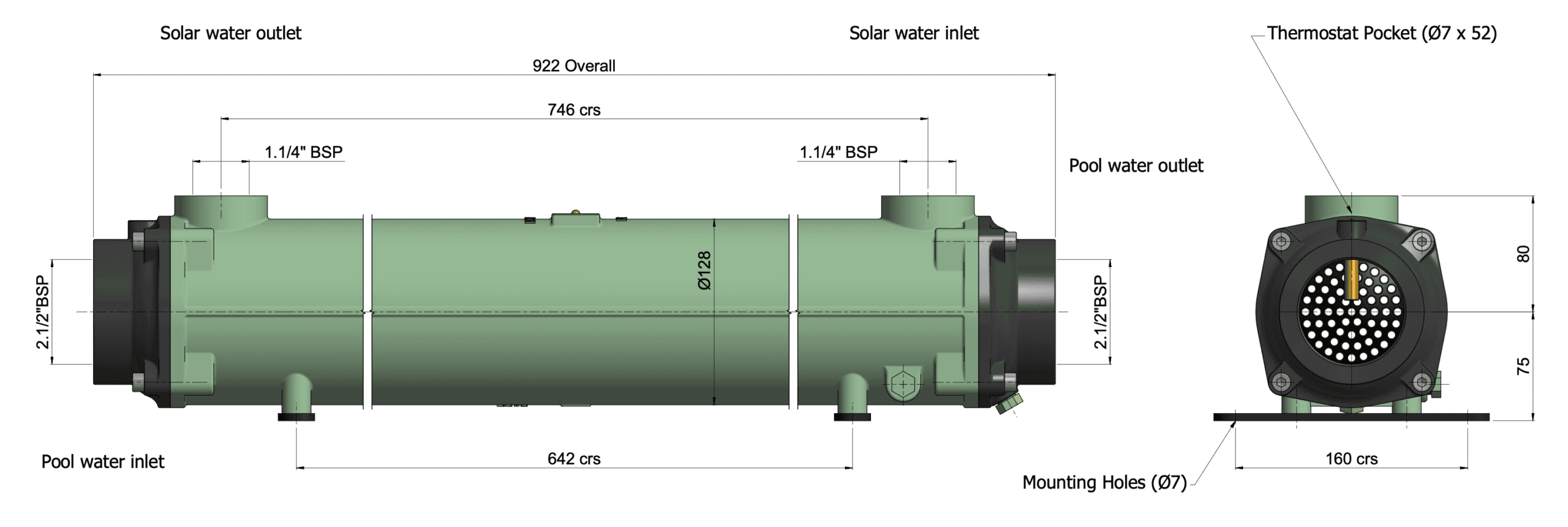 Échangeur de chaleur pour piscine Bowman FG160-5115-5T pour le chauffage de piscine, titane, jusqu'à 320 m³.