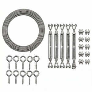 Kit de fixation avec câbles et crochets pour toits plats, adapté aux installations de piscine.