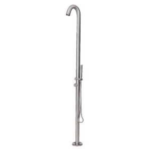 Douche extérieure en acier inoxydable brossé pour piscine et jardin.