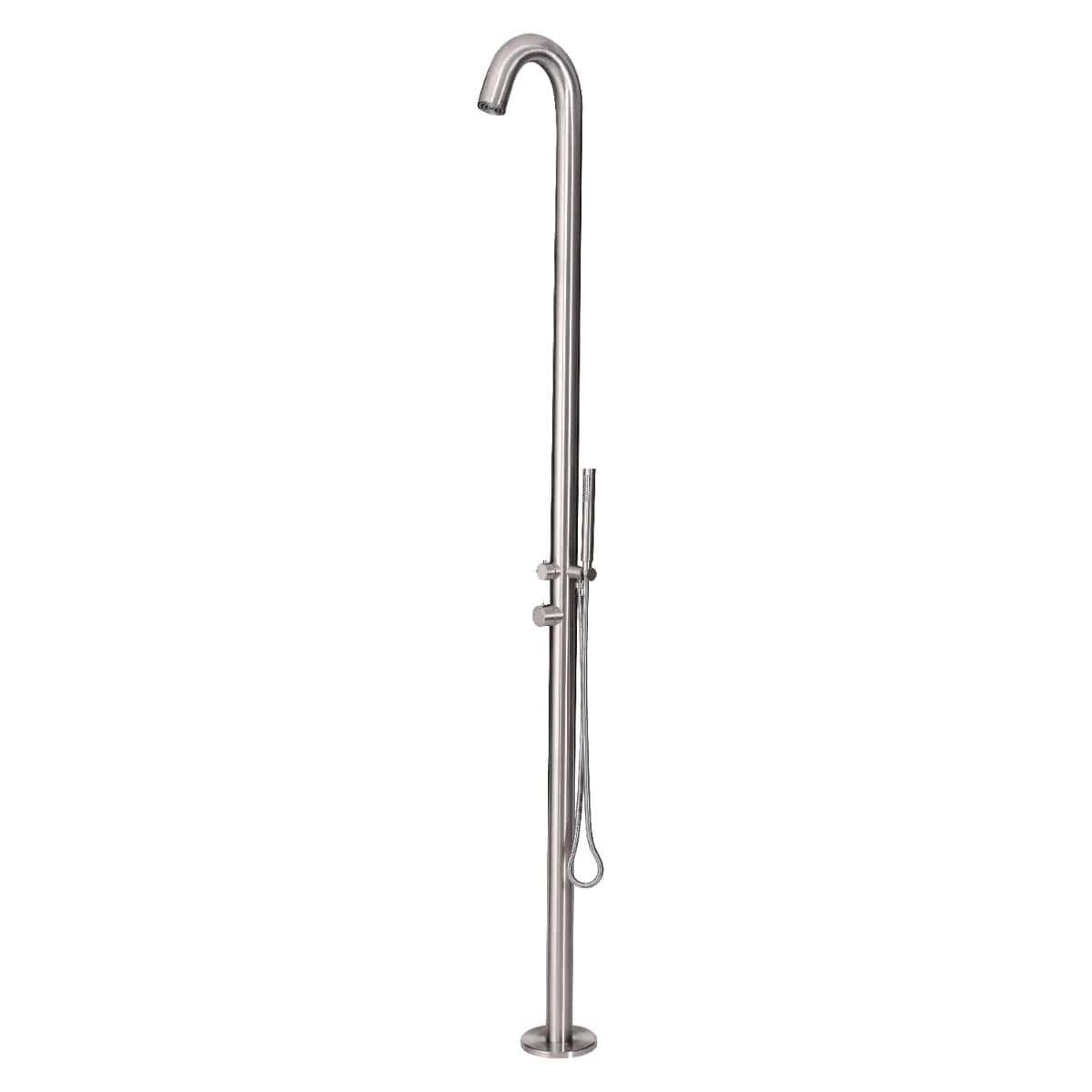 Douche extérieure en acier inoxydable brossé pour piscine et jardin.