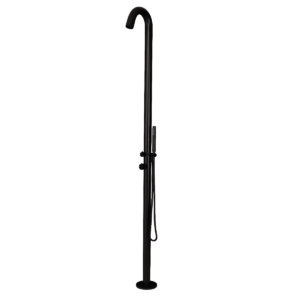 Douche extérieure Eclipse en inox noir mat pour piscines extérieures et jardins.