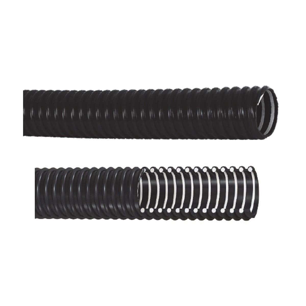 Tuyau de piscine flexible noir avec structure intérieure blanche pour le transport d'eau.