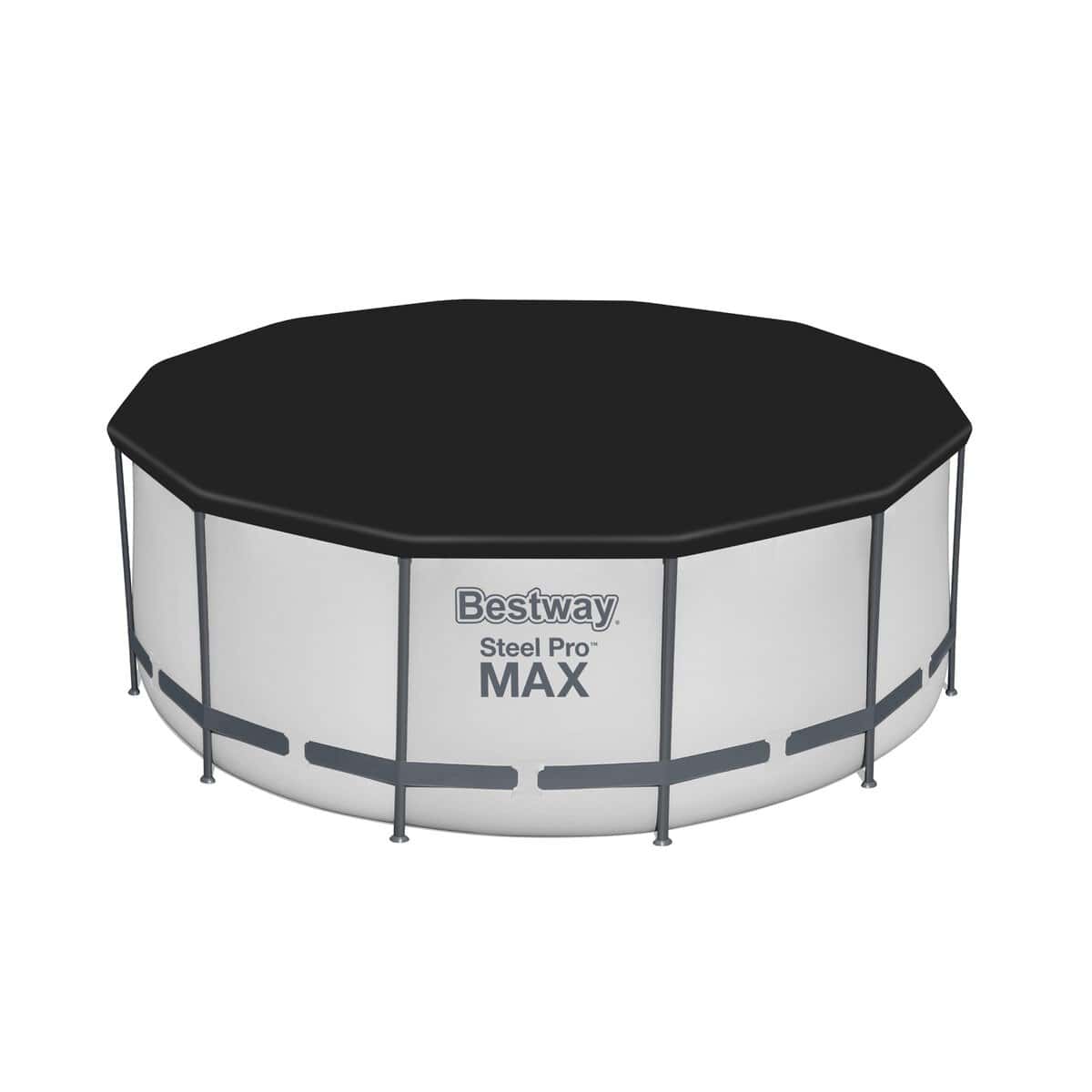 Piscine Bestway Steel Pro MAX avec bâche noire et cadre métallique.