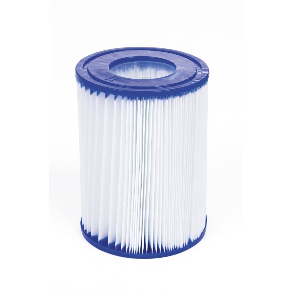 Filtre de piscine avec média filtrant blanc et bord bleu pour le nettoyage de la piscine.