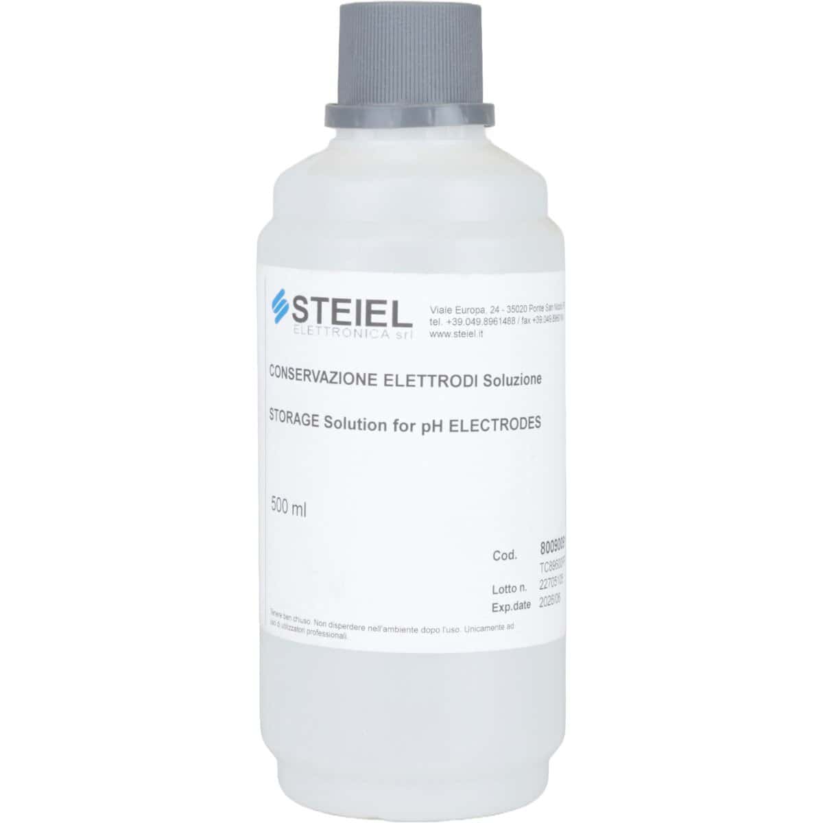 Solution de conservation pour électrodes pH dans un flacon blanc avec bouchon gris.