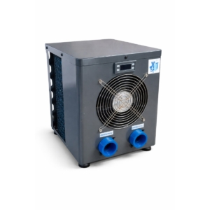 Appareil de refroidissement compact pour l'eau de piscine avec ventilateur et raccords.