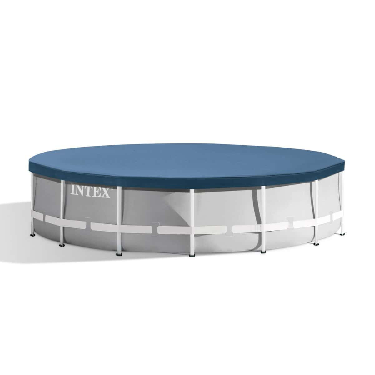 Piscine gonflable Intex avec couverture bleue et structure blanche.