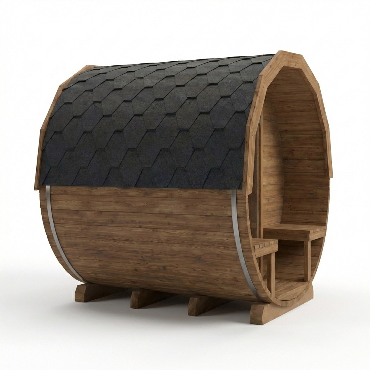 Sauna barrel électrique en Thermowood avec avant-portail - 6 personnes