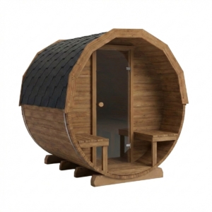 Sauna barrel chauffé au bois en Thermowood avec avant-portail - 6 personnes